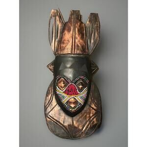 VTG Ghana Mask Pier 1 Imports Hand Carved Wood Ceremonial Africa Beads Tribal